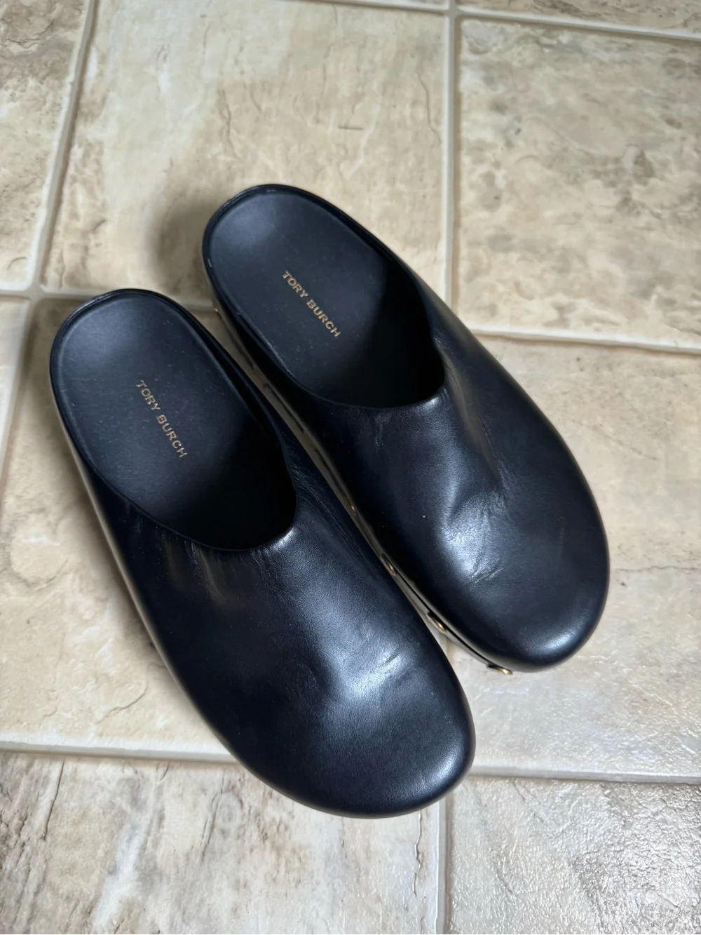 Tory Burch Black Leather Platform Clogs with Gold Studs